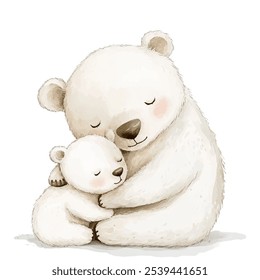 Two white polar bears cuddling. The larger mother bear gently embraces the smaller baby bear. Mother's Day  warmth, love, and protection concept. Both bears have their eyes closed,  tender moment.