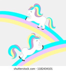 Two white ponies walk along the rainbow
