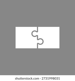 Two white puzzle pieces icon joined together. 2 connecting jigsaw pieces.