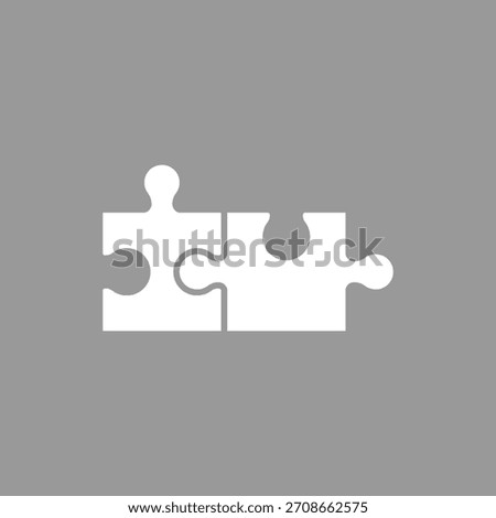 Two white puzzle pieces icon joined together. 2 connecting jigsaw pieces.