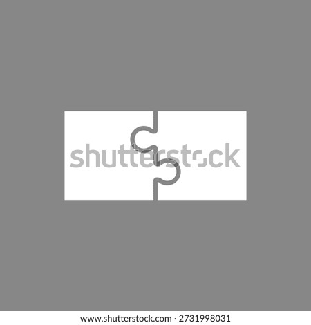 Two white puzzle pieces icon joined together. 2 connecting jigsaw pieces.