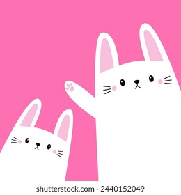 Two white rabbit bunny head face set in the corner. Waving hand. Happy Easter. Cute cartoon kawaii funny baby character. Farm animal. Childish style. Flat design. Pink background. Vector illustration
