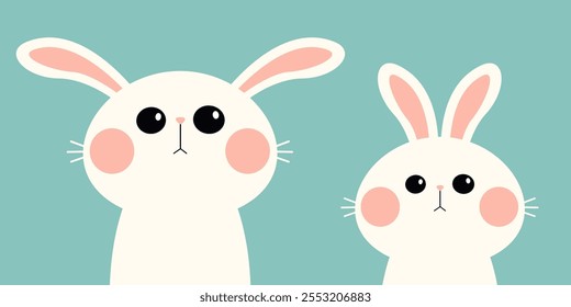 Two white rabbit bunny silhouette icon. Funny smiling face head. Big pink cheeks. Cute kawaii cartoon baby character. Happy Easter. Valentines Day. Greeting card. Blue background. Flat design. Vector