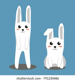 Two white rabbit colorful poster. Paper cut 2 two sides. Easter themed flat vector illustration for gift card, flyer, certificate or banner, icon, logo, patch, sticker