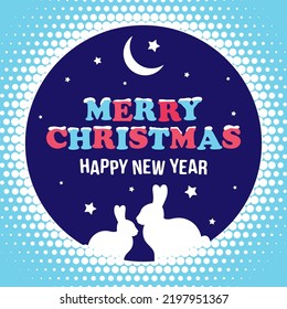 Two white rabbits against a blue sky with stars and the moon 