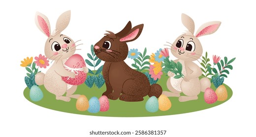 Two white rabbits and a brown rabbit sitting on green grass surrounded by colorful Easter eggs and flowers. Cute cartoon holiday illustration. Easter celebration design for greeting card.