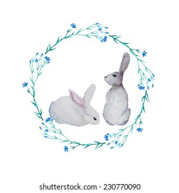 Two White Rabbits in floral wreath. Watercolor Easter art print. Vector hand drawn illustration in vintage style.