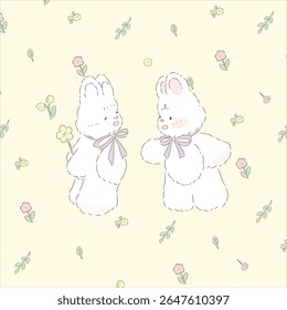 Two White Rabbits Giving Flowers, Yellow Background and Stylized Falling Flowers, Cartoon Vector.