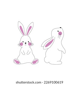 Two white rabbits, one in a front view and the other in profile view on a white background with copy space