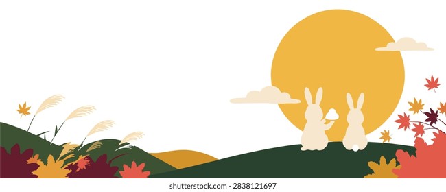 Two white rabbits sitting on a hill gaze at a full moon surrounded by autumn foliage and pampas grass during a traditional harvest moon celebration