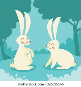 Two White Rabbits Sitting on Grass Retro Forest Flat Vector Illustration