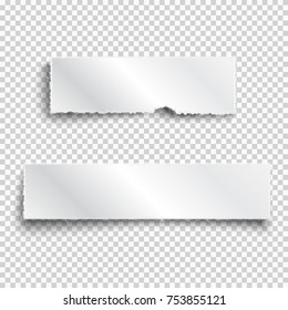 Two white realistic paper ripped pieces with shadows. Set of paper shapes scraps. Vector elements for design