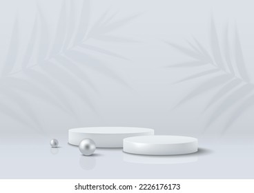 Two White Realistic Podiums on Grey Background with Palm Leaves and Pearls. Horizontal Banner. Vector Illustration. 