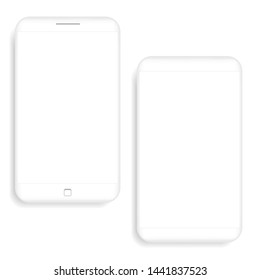 Two white realistic smartphones vector mockup. Trendy clay mobile phones template with blank screen for design app.