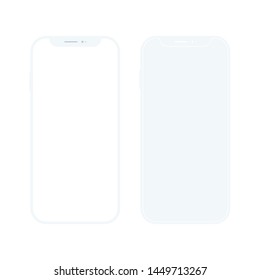 Two white realistic smartphones vector mockup. Trendy clay mobile phones template with blank screen for design app.