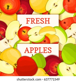 Two white rectangle label on apple fruit background. Vector card illustration. Ripe fresh and juicy appless fruits whole and slice for design of food packaging juice breakfast detox diet, jam