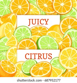 Two white rectangle label on orange lime lemon fruit background. Vector card illustration. Tropical citrus and juicy fruits and slice for design of food packaging juice breakfast detox diet, jam