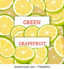 Two white rectangle label on green gfapefruit fruit background. Vector card illustration. Citrus and tropical green pomelo fruits slice for design of food packaging juice breakfast detox diet, jam