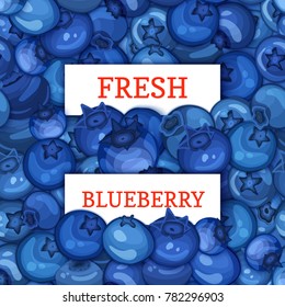 Two white rectangle label on blueberry berries background. Vector card illustration. Fresh and juicy bilberry fruits for design of food packaging juice breakfast detox diet, jam.