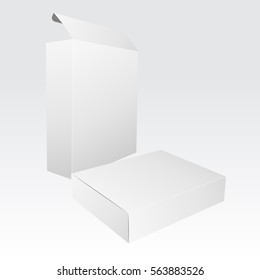 Two white rectangular boxes isolated. White box. Open and closed boxes. Mockup for design, branding or text. Vector illustration