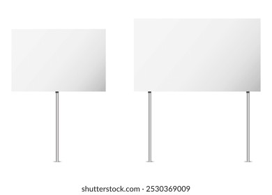 Two white rectangular signs on metal poles. One larger, one smaller. Blank white surfaces, silver vertical poles.