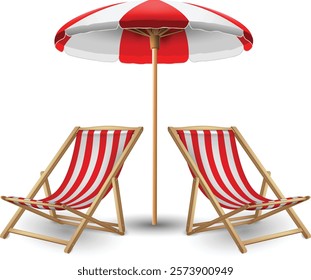 Two white and red striped sun lounger and beach umbrella on a white background. Highly realistic illustration.