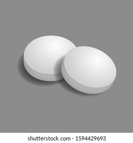 Two white round convex pills with shadow are isolated on a gray background. Realistic vector illustration in 3D style 