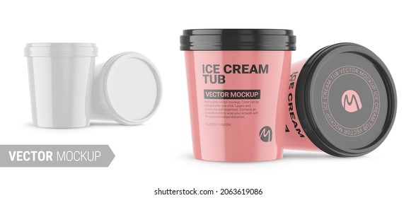 Two white round glossy ice cream cups. Photo-realistic packaging mockup template with sample design. Contains an accurate mesh to wrap your artwork with the correct envelope distortion.