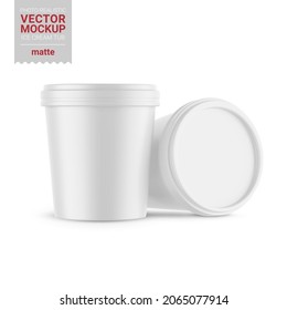 Two white round matte ice cream cups. Photo-realistic packaging mockup template. Contains an accurate mesh to wrap your artwork with the correct envelope distortion. Vector illustration