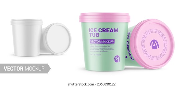 Two white round matte ice cream cups. Photo-realistic packaging mockup template with sample design. Contains an accurate mesh to wrap your artwork with the correct envelope distortion.