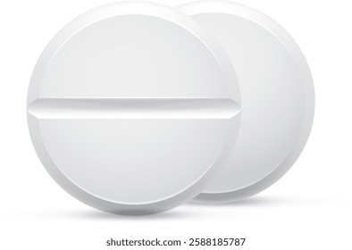 Two white round pills with a score line are lying on a white background, creating a simple yet effective representation of medicine and healthcare