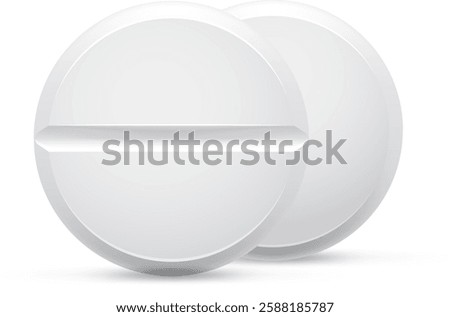 Two white round pills with a score line are lying on a white background, creating a simple yet effective representation of medicine and healthcare