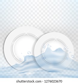 Two white round plates or dishes and water splash isolated on transparent background. Vector illustration.