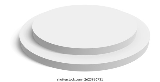 Two white round podiums casting a shadow on white background, perfect for showcasing products, winners, or presentations, with its minimalist design emphasizing the displayed items