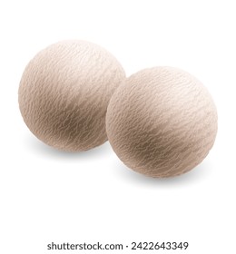 Two white scoops of cold sweet ice cream or gelato in various flavors, isolated on a white background