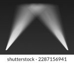 Two white searchlights in the air. Cone volumetric lights from bottom with darkened edges. Spotlight effect on dark background. Empty studio or concert scene. 3d rendering.