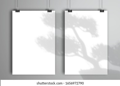 Two white sheets of paper hang on clips. Mockup template with shadow from a bonsai tree