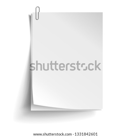 Two white sheets of paper with metal paper clip. Metal paper clip attached to paper. Vector illustration