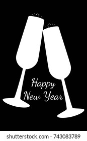 Two white silhouette of champagne glasses and black background. Happy New Year text. Cheers.