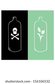 Two white sketched bottles - one toxic and the other environmentally friendly, on a split  black and green background