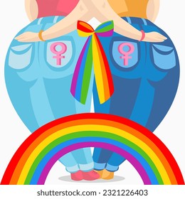 Two white skin lesbian women in jeans holding each other, connected with colourful bow and rainbow - vector illustration. LGBT pride Gay and Lesbian concept