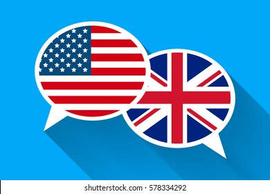 Two white speech bubbles with American and Great britain flags. English language conceptual illustration