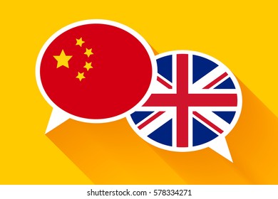 Two white speech bubbles with China and Great britain flags. English language conceptual illustration