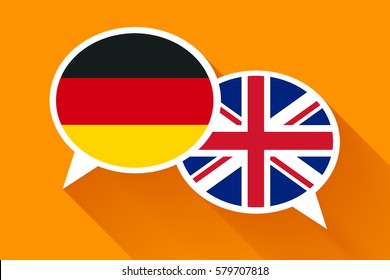 Two white speech bubbles with German and Great britain flags. English language conceptual illustration