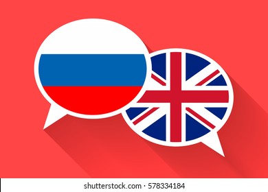 Two white speech bubbles with Russia and Great britain flags. English language conceptual illustration