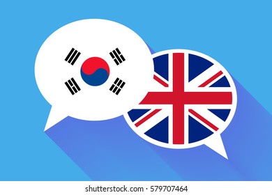 Two white speech bubbles with South Korea and Great britain flags. English language conceptual illustration