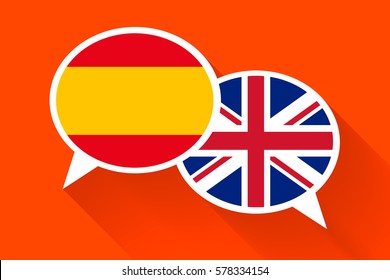 Two white speech bubbles with Spain and Great britain flags. English language conceptual illustration