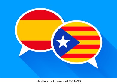 Two white speech bubbles with Spain and Catalonia flags on blue