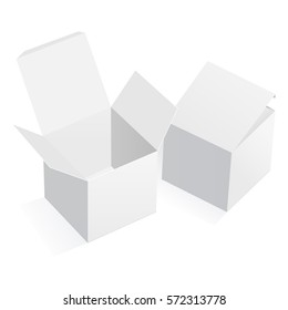 Two white square boxes with covers isolated. Mockup for design. Vector illustration.