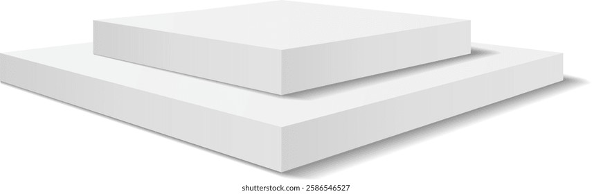 Two white square podiums creating a pedestal casting a shadow on a white background, ideal for showcasing products or concepts related to success, achievement, and leadership
